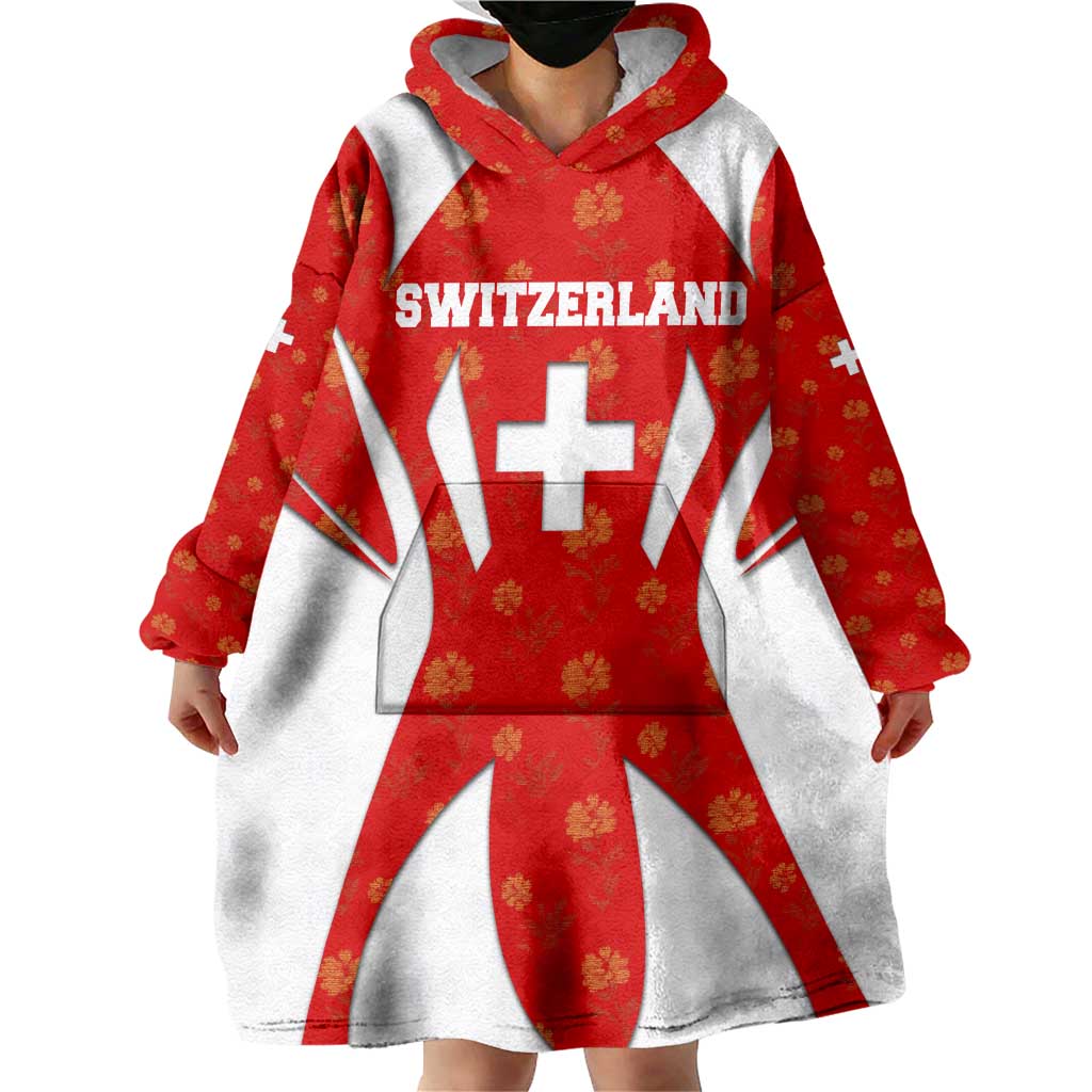 Switzerland Flag Wearable Blanket Hoodie with Floral Pattern Red and White Sportswear - Wonder Print Shop