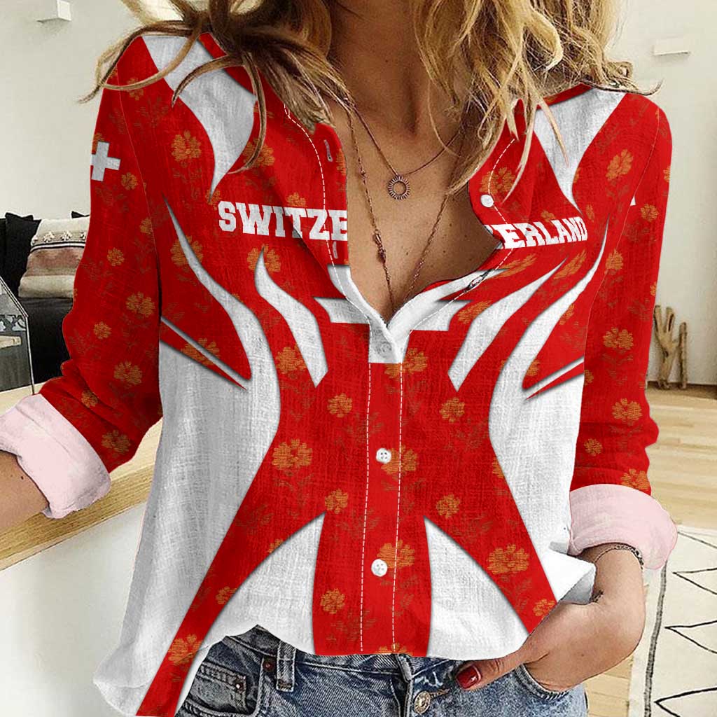 Switzerland Flag Women Casual Shirt with Floral Pattern Red and White Sportswear - Wonder Print Shop