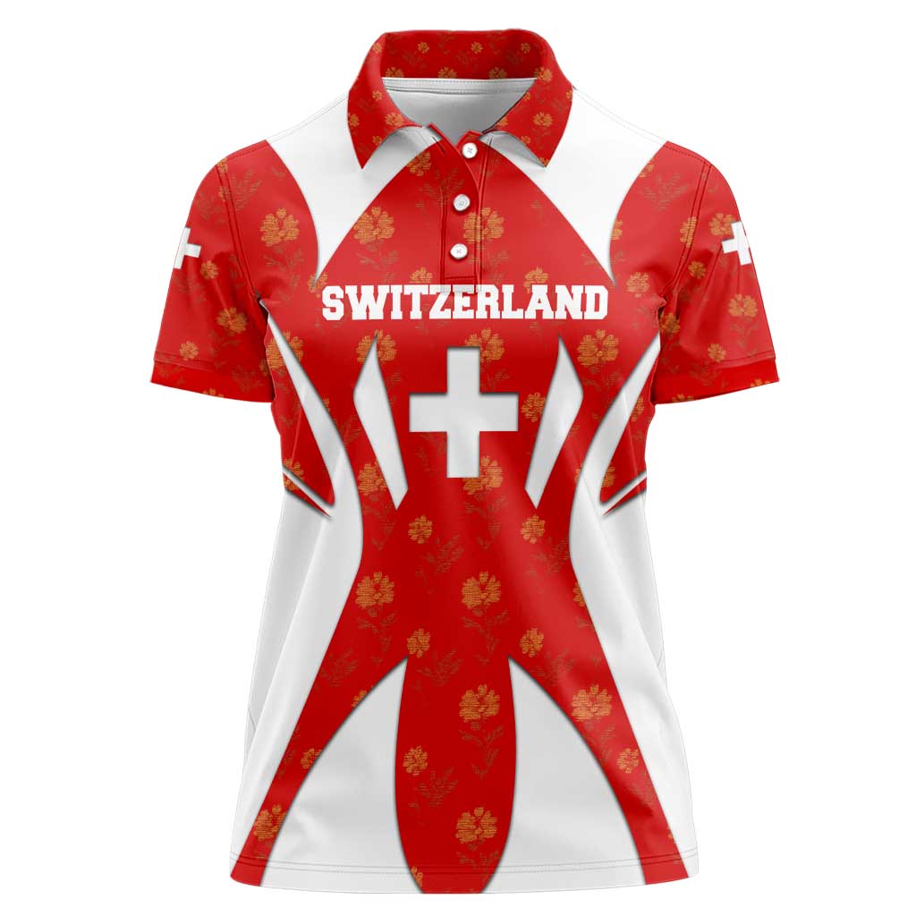 Switzerland Flag Women Polo Shirt with Floral Pattern Red and White Sportswear - Wonder Print Shop