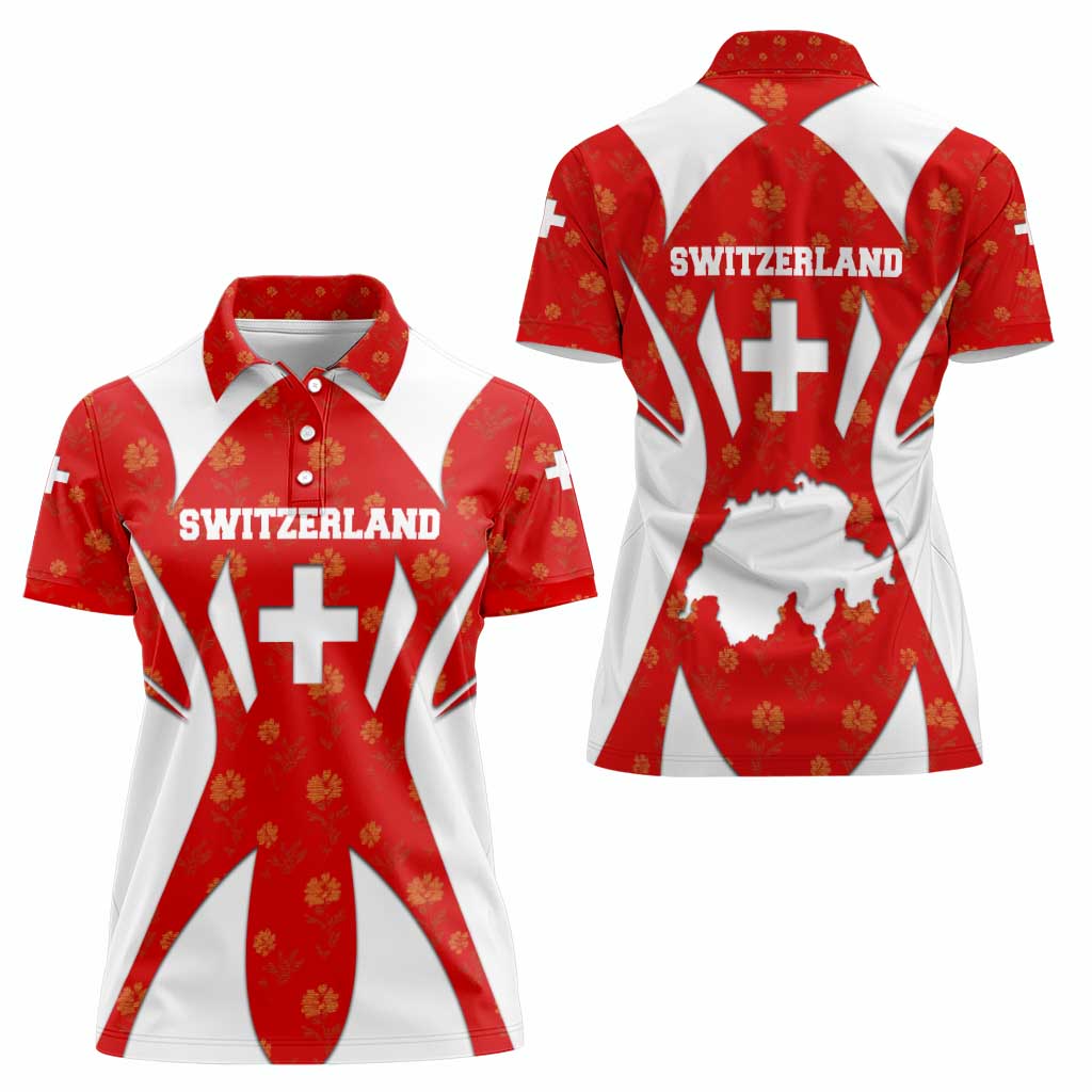 Switzerland Flag Women Polo Shirt with Floral Pattern Red and White Sportswear - Wonder Print Shop
