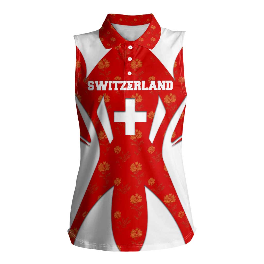 Switzerland Flag Women Sleeveless Polo Shirt with Floral Pattern Red and White Sportswear - Wonder Print Shop
