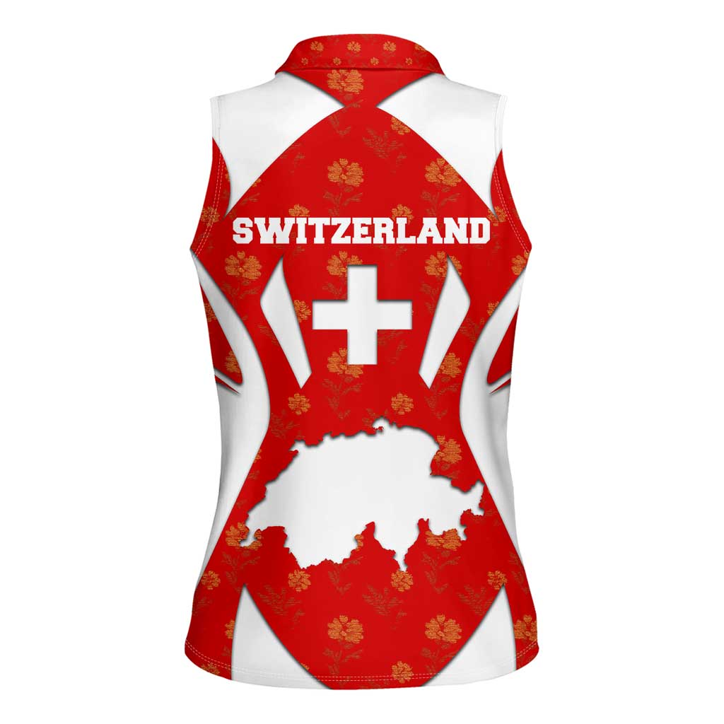 Switzerland Flag Women Sleeveless Polo Shirt with Floral Pattern Red and White Sportswear - Wonder Print Shop
