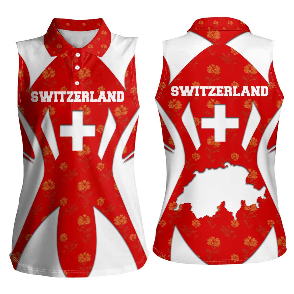 Switzerland Flag Women Sleeveless Polo Shirt with Floral Pattern Red and White Sportswear - Wonder Print Shop