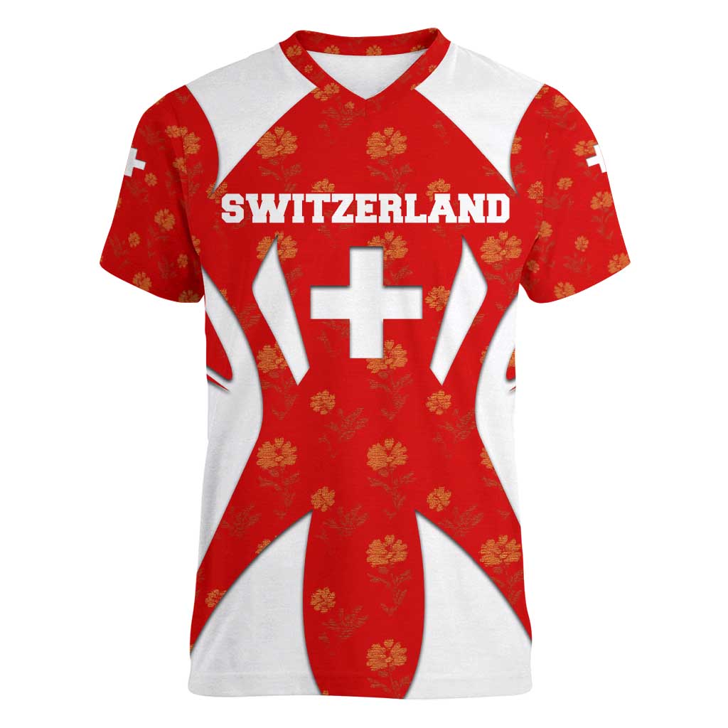 Switzerland Flag Women V-Neck T-Shirt with Floral Pattern Red and White Sportswear - Wonder Print Shop