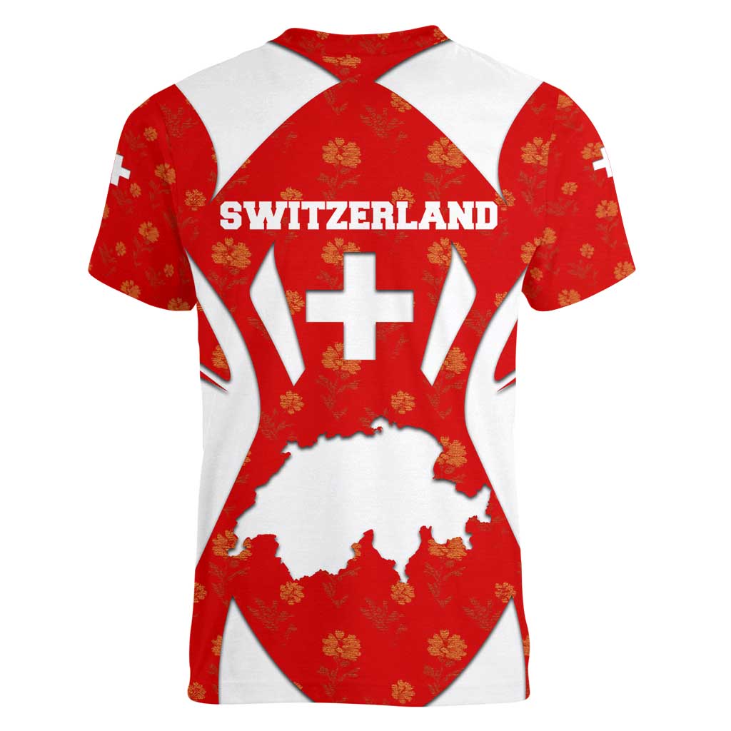 Switzerland Flag Women V-Neck T-Shirt with Floral Pattern Red and White Sportswear - Wonder Print Shop