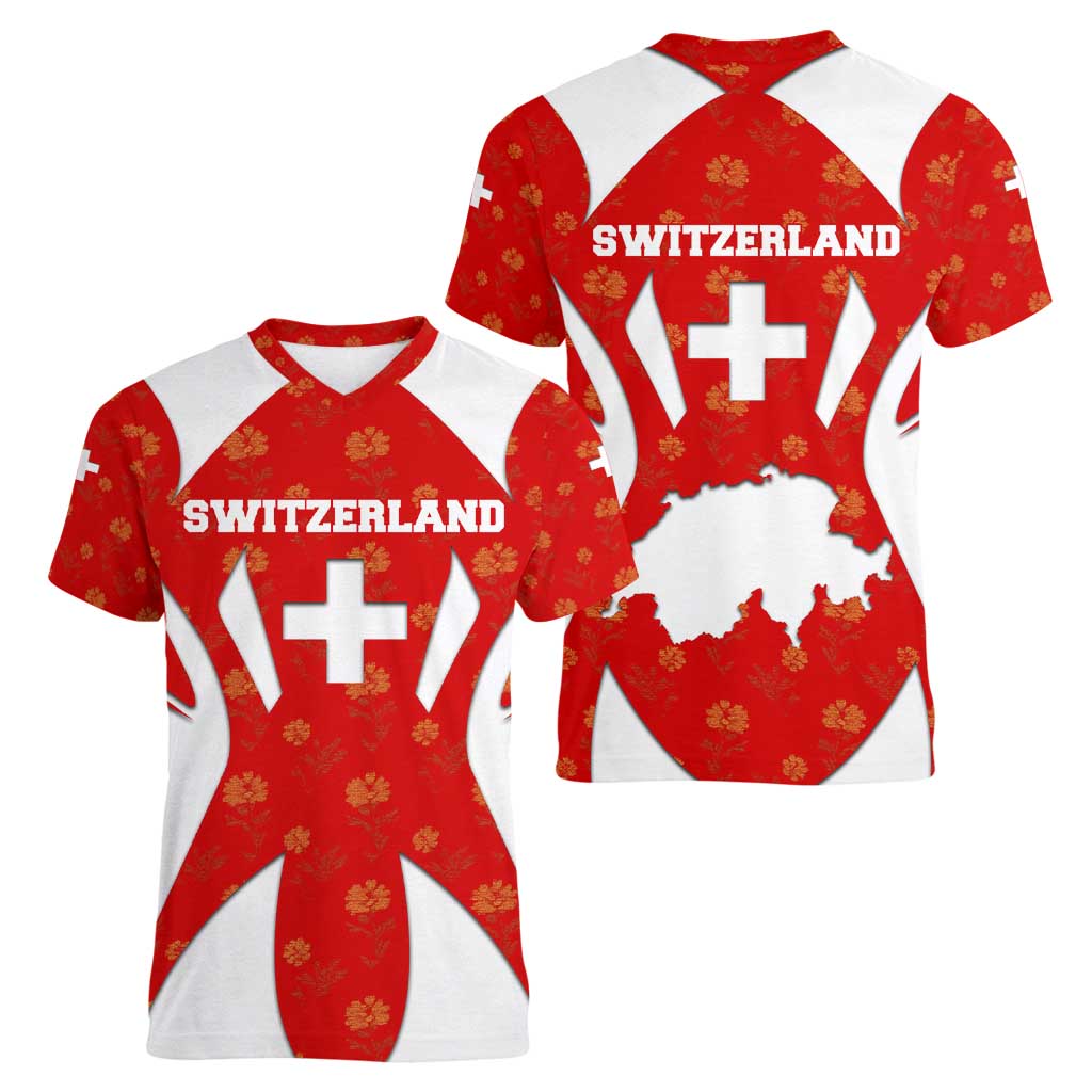 Switzerland Flag Women V-Neck T-Shirt with Floral Pattern Red and White Sportswear - Wonder Print Shop