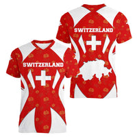 Switzerland Flag Women V-Neck T-Shirt with Floral Pattern Red and White Sportswear - Wonder Print Shop