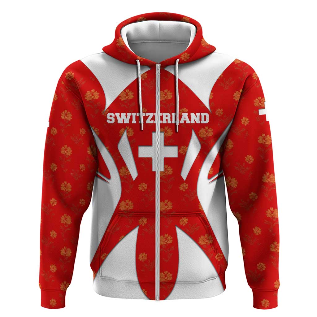 Switzerland Flag Zip Hoodie with Floral Pattern Red and White Sportswear - Wonder Print Shop