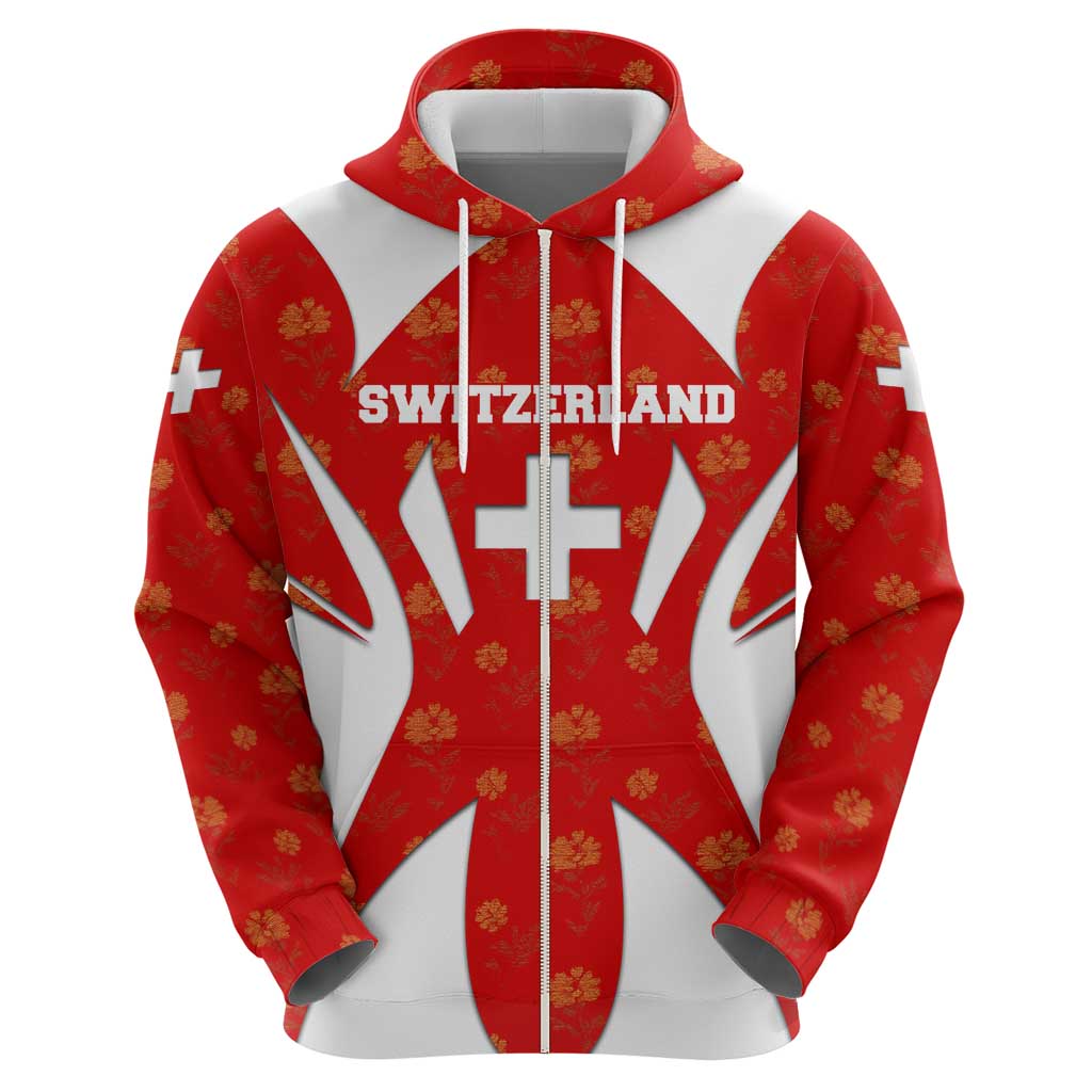 Switzerland Flag Zip Hoodie with Floral Pattern Red and White Sportswear - Wonder Print Shop