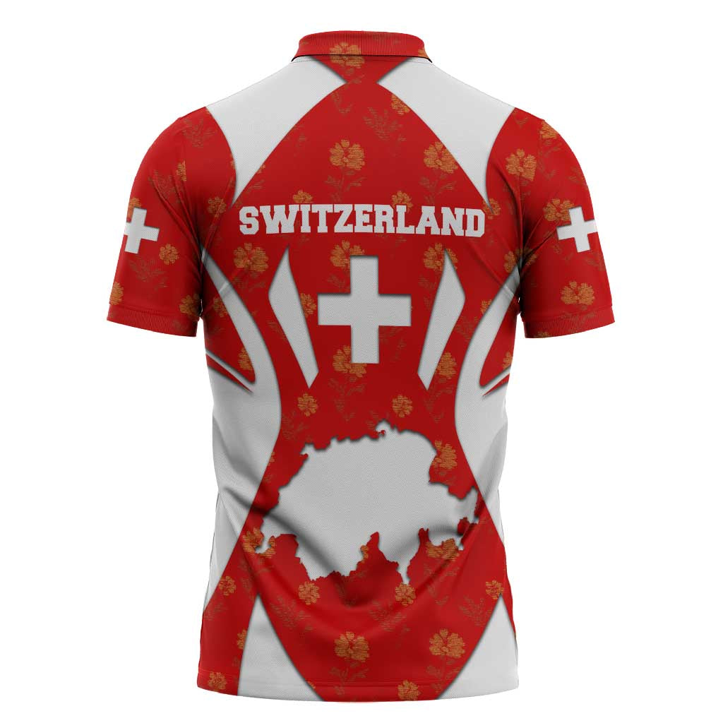 Switzerland Flag Zipper Polo Shirt with Floral Pattern Red and White Sportswear - Wonder Print Shop