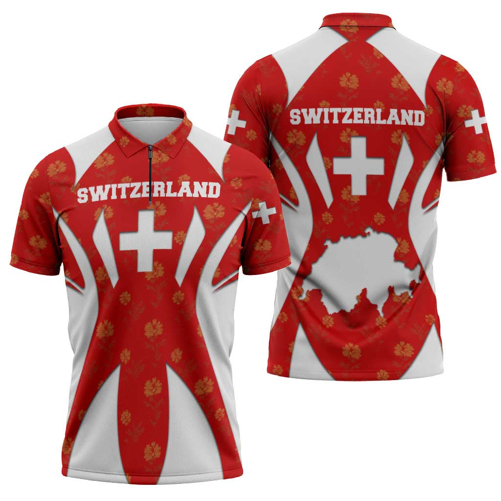 Switzerland Flag Zipper Polo Shirt with Floral Pattern Red and White Sportswear - Wonder Print Shop