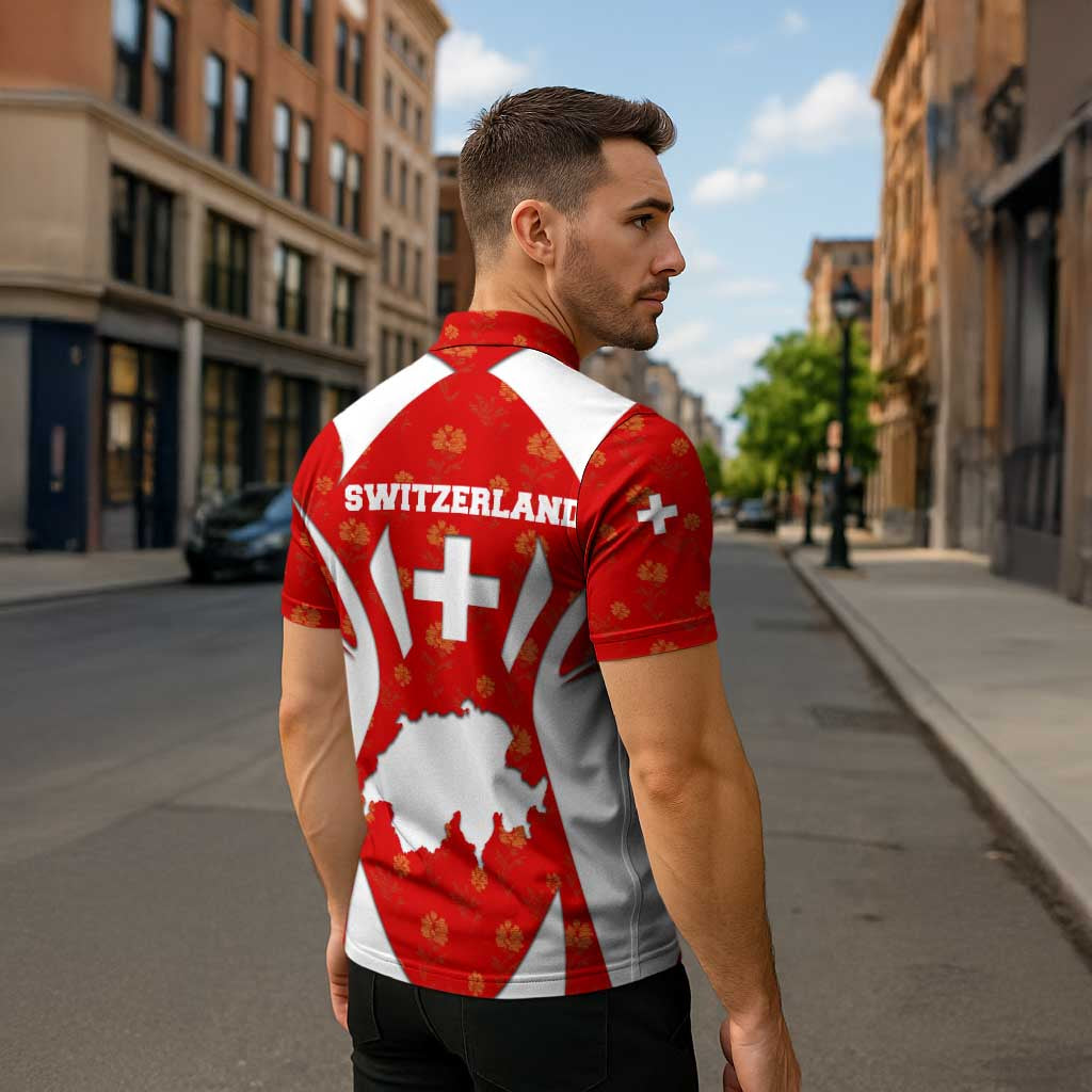 Switzerland Flag Zipper Polo Shirt with Floral Pattern Red and White Sportswear - Wonder Print Shop
