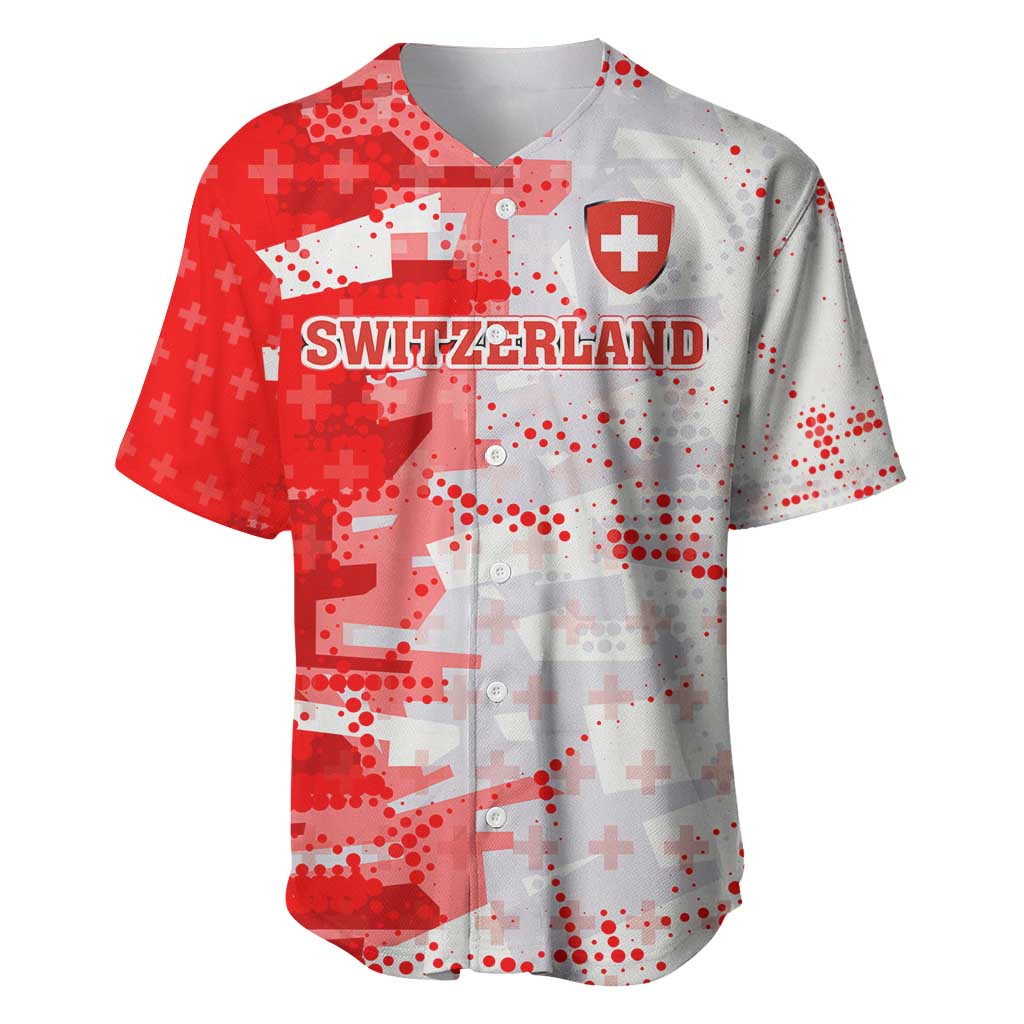 Switzerland Flag Baseball Jersey with Camo Red White Sportswear with Swiss Cross Shield - Wonder Print Shop