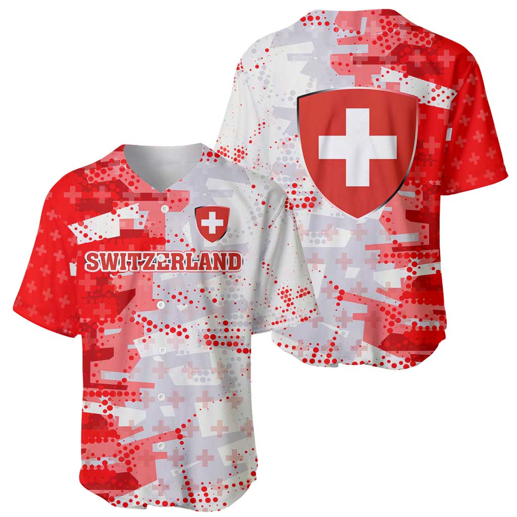 Switzerland Flag Baseball Jersey with Camo Red White Sportswear with Swiss Cross Shield - Wonder Print Shop