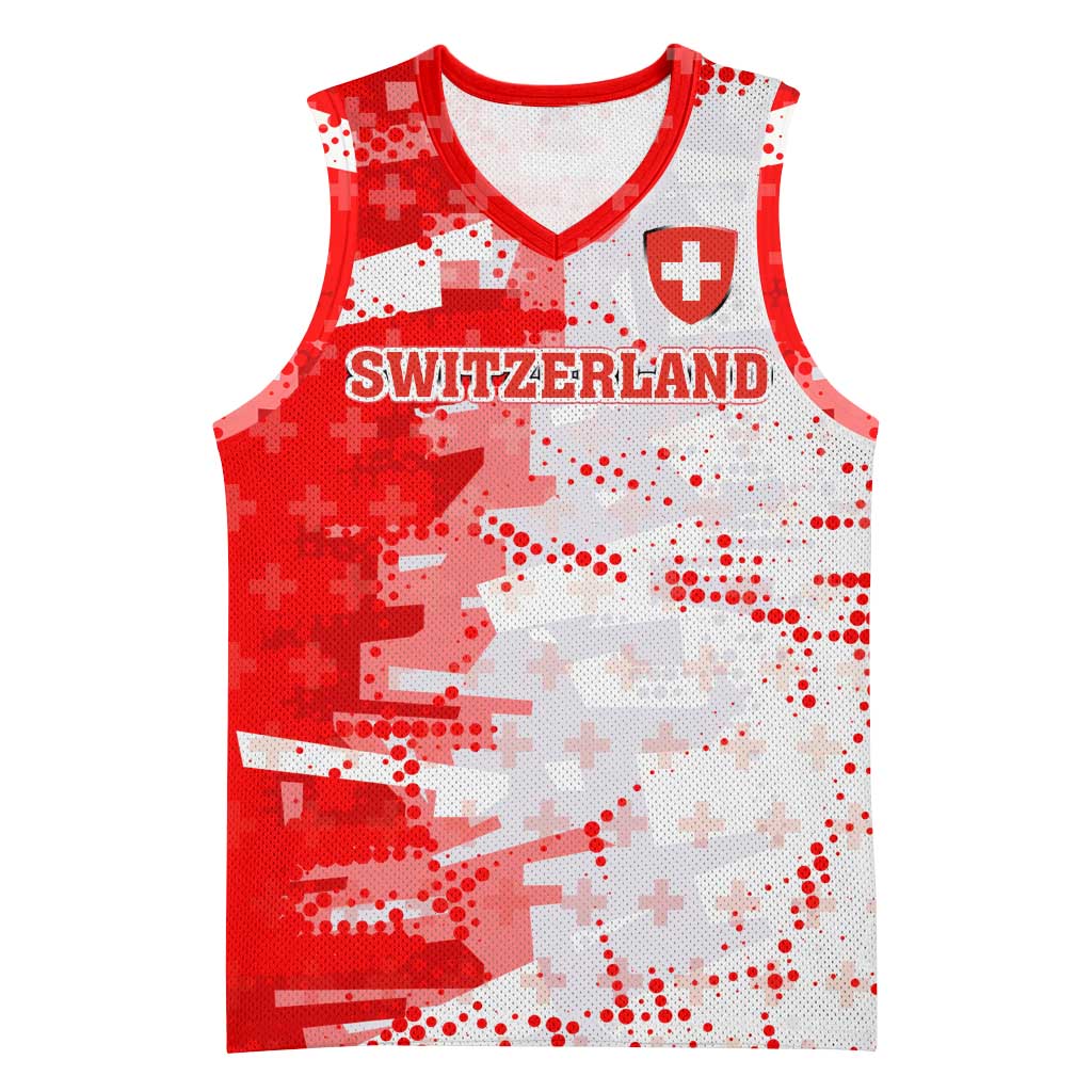 Switzerland Flag Basketball Jersey with Camo Red White Sportswear with Swiss Cross Shield - Wonder Print Shop