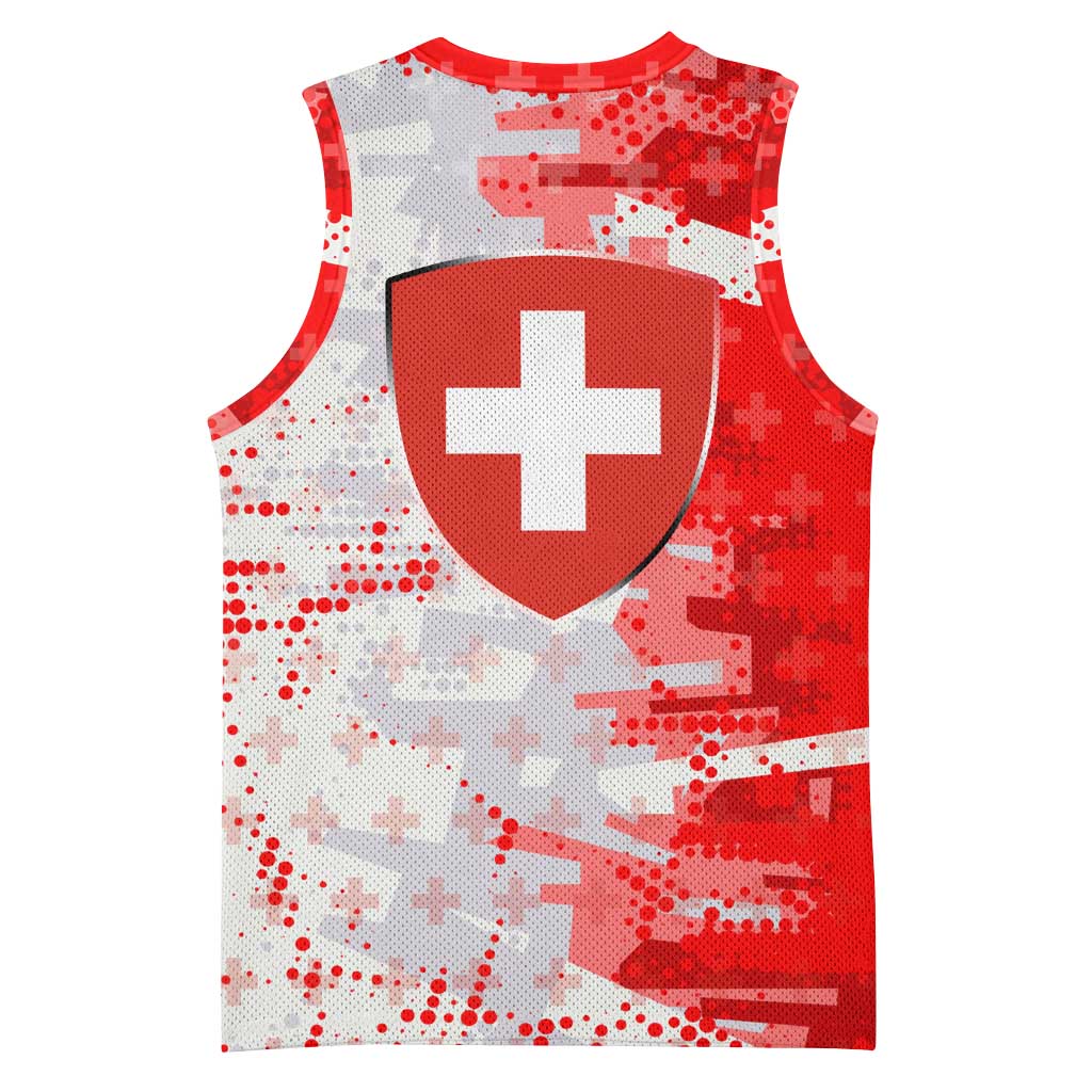 Switzerland Flag Basketball Jersey with Camo Red White Sportswear with Swiss Cross Shield - Wonder Print Shop