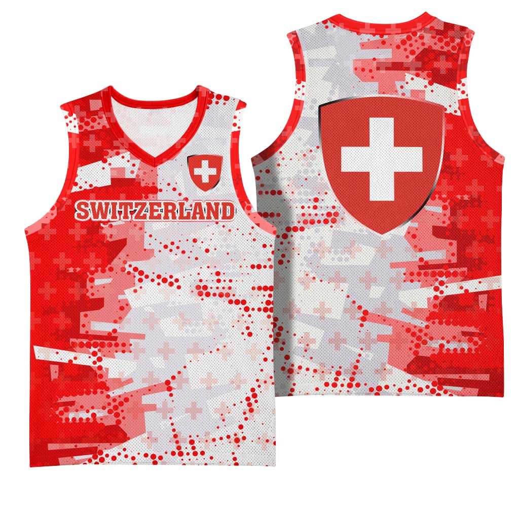 Switzerland Flag Basketball Jersey with Camo Red White Sportswear with Swiss Cross Shield - Wonder Print Shop