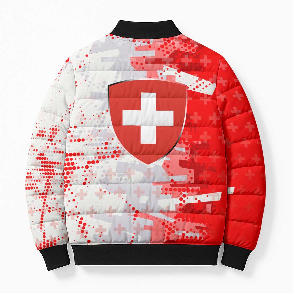 Switzerland Flag Bomber Puffer Jacket with Camo Red White Sportswear with Swiss Cross Shield - Wonder Print Shop