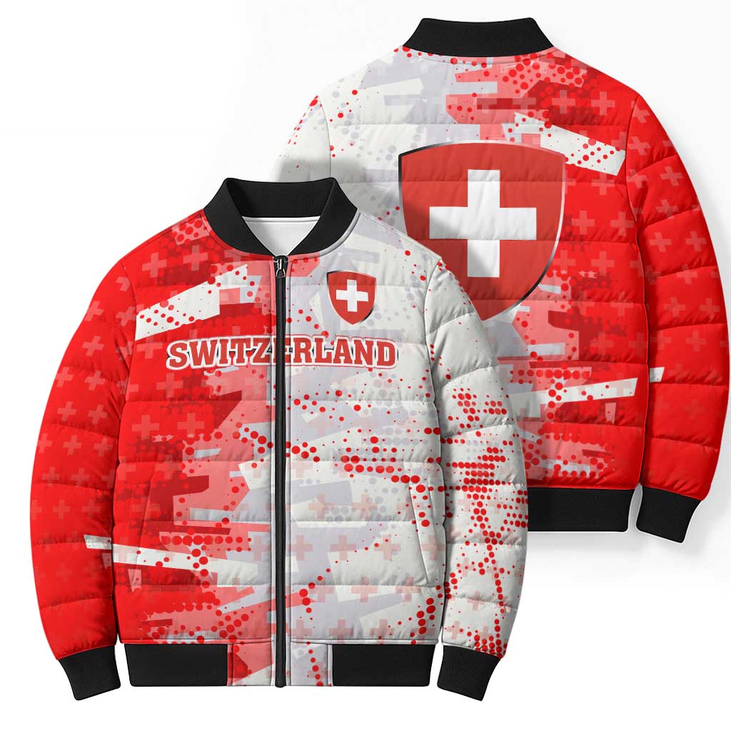 Switzerland Flag Bomber Puffer Jacket with Camo Red White Sportswear with Swiss Cross Shield - Wonder Print Shop