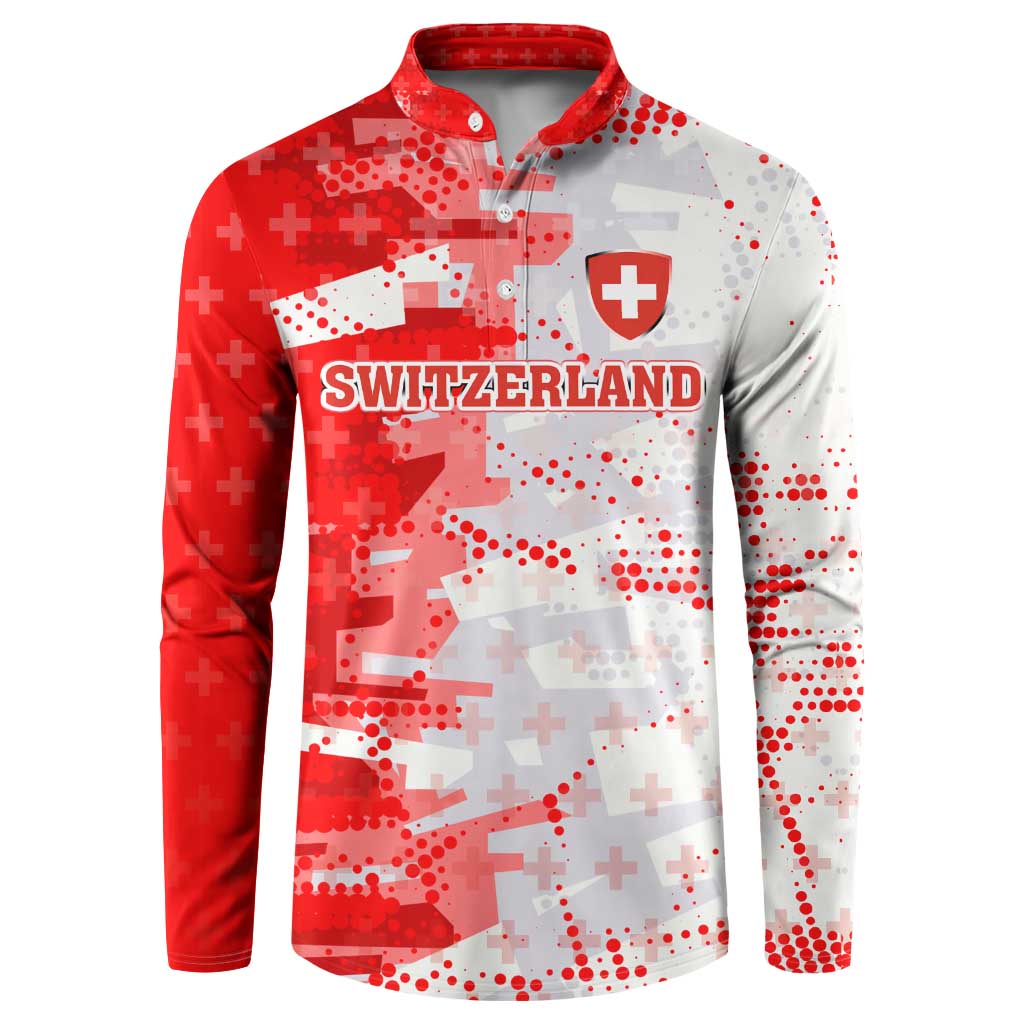 Switzerland Flag Button Sweatshirt with Camo Red White Sportswear with Swiss Cross Shield - Wonder Print Shop