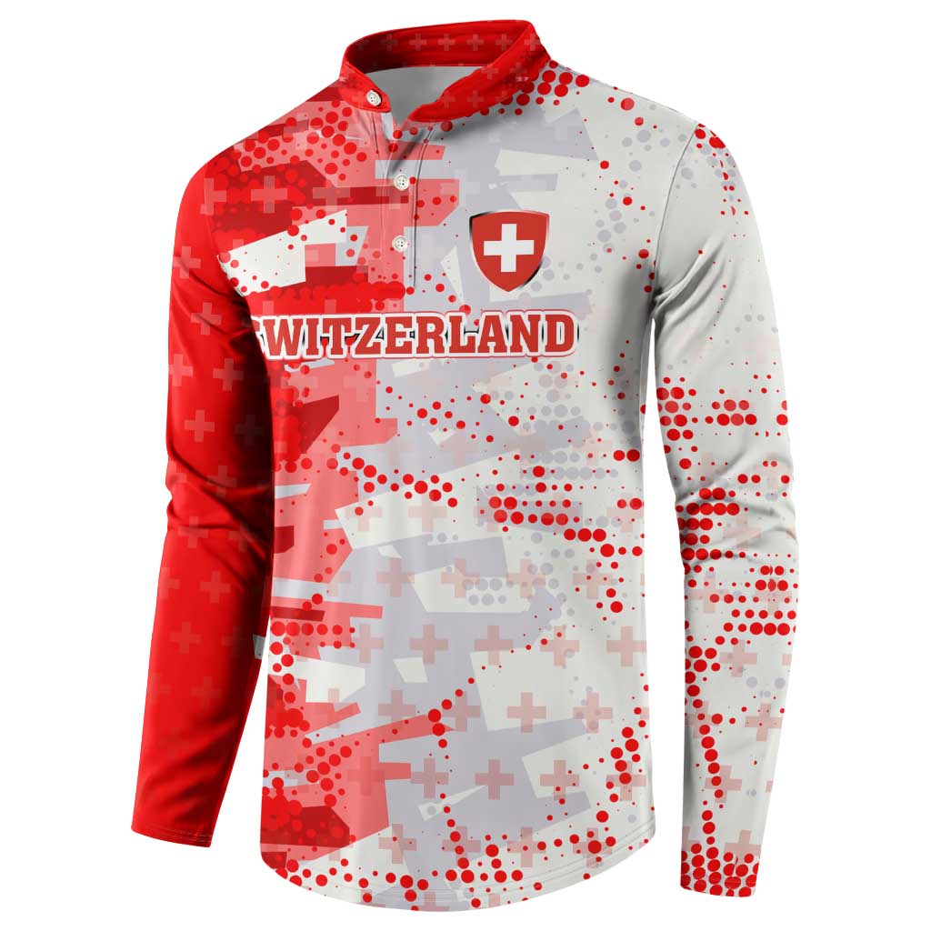 Switzerland Flag Button Sweatshirt with Camo Red White Sportswear with Swiss Cross Shield - Wonder Print Shop