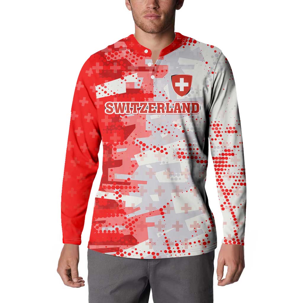 Switzerland Flag Button Sweatshirt with Camo Red White Sportswear with Swiss Cross Shield - Wonder Print Shop