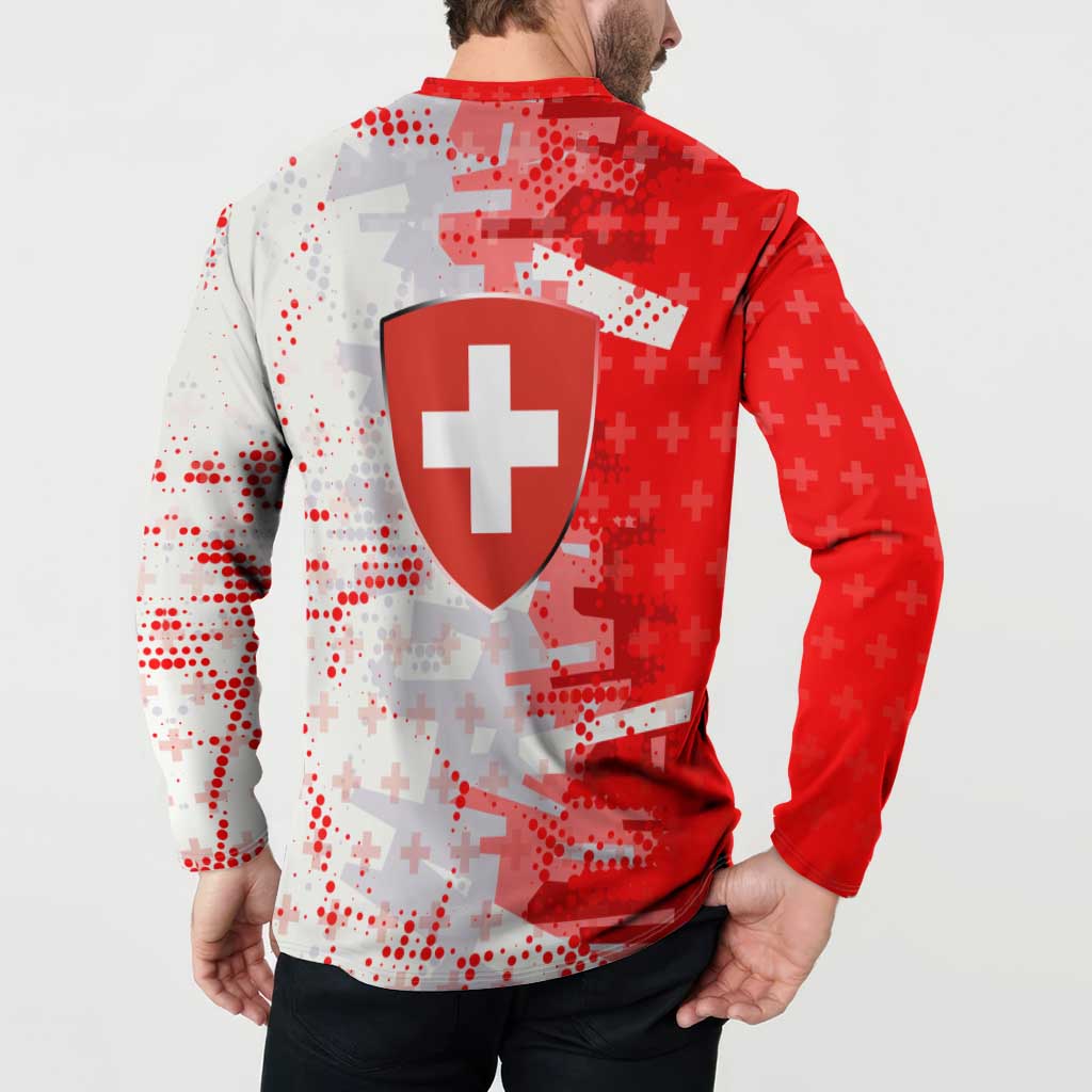 Switzerland Flag Button Sweatshirt with Camo Red White Sportswear with Swiss Cross Shield - Wonder Print Shop