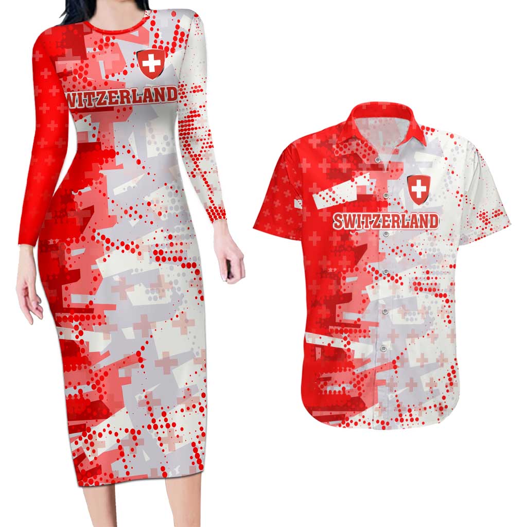 Switzerland Flag Couples Matching Long Sleeve Bodycon Dress and Hawaiian Shirt with Camo Red White Sportswear with Swiss Cross Shield - Wonder Print Shop