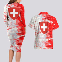 Switzerland Flag Couples Matching Long Sleeve Bodycon Dress and Hawaiian Shirt with Camo Red White Sportswear with Swiss Cross Shield - Wonder Print Shop