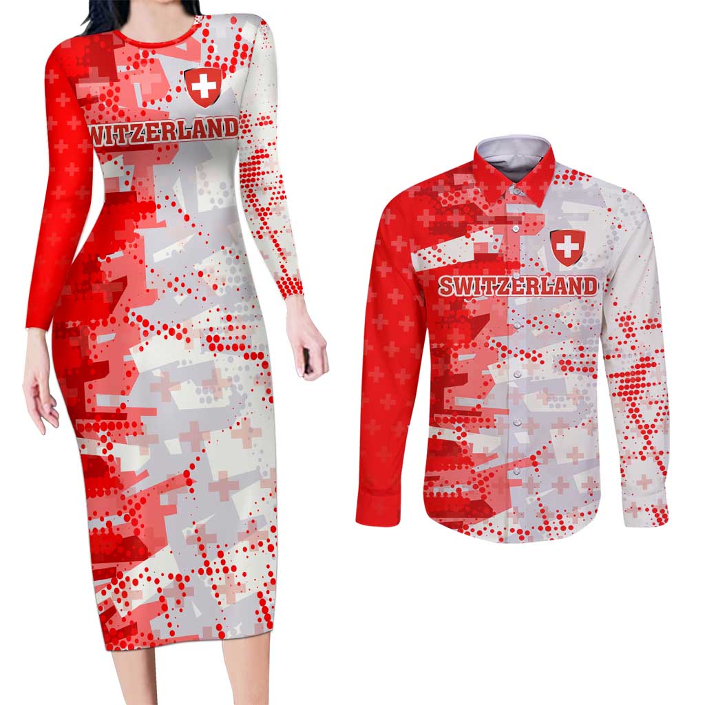 Switzerland Flag Couples Matching Long Sleeve Bodycon Dress and Long Sleeve Button Shirt with Camo Red White Sportswear with Swiss Cross Shield - Wonder Print Shop