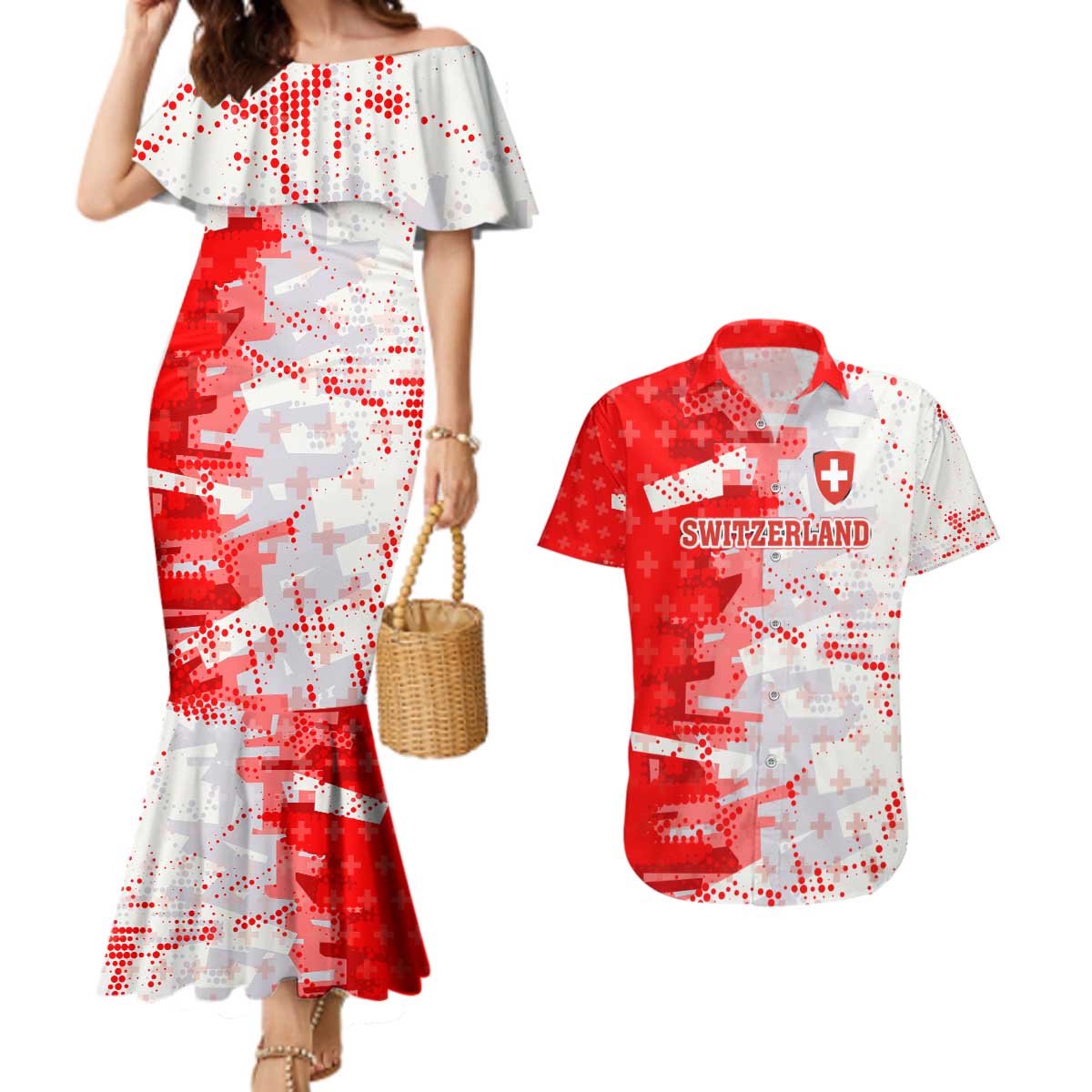 Switzerland Flag Couples Matching Mermaid Dress and Hawaiian Shirt with Camo Red White Sportswear with Swiss Cross Shield - Wonder Print Shop