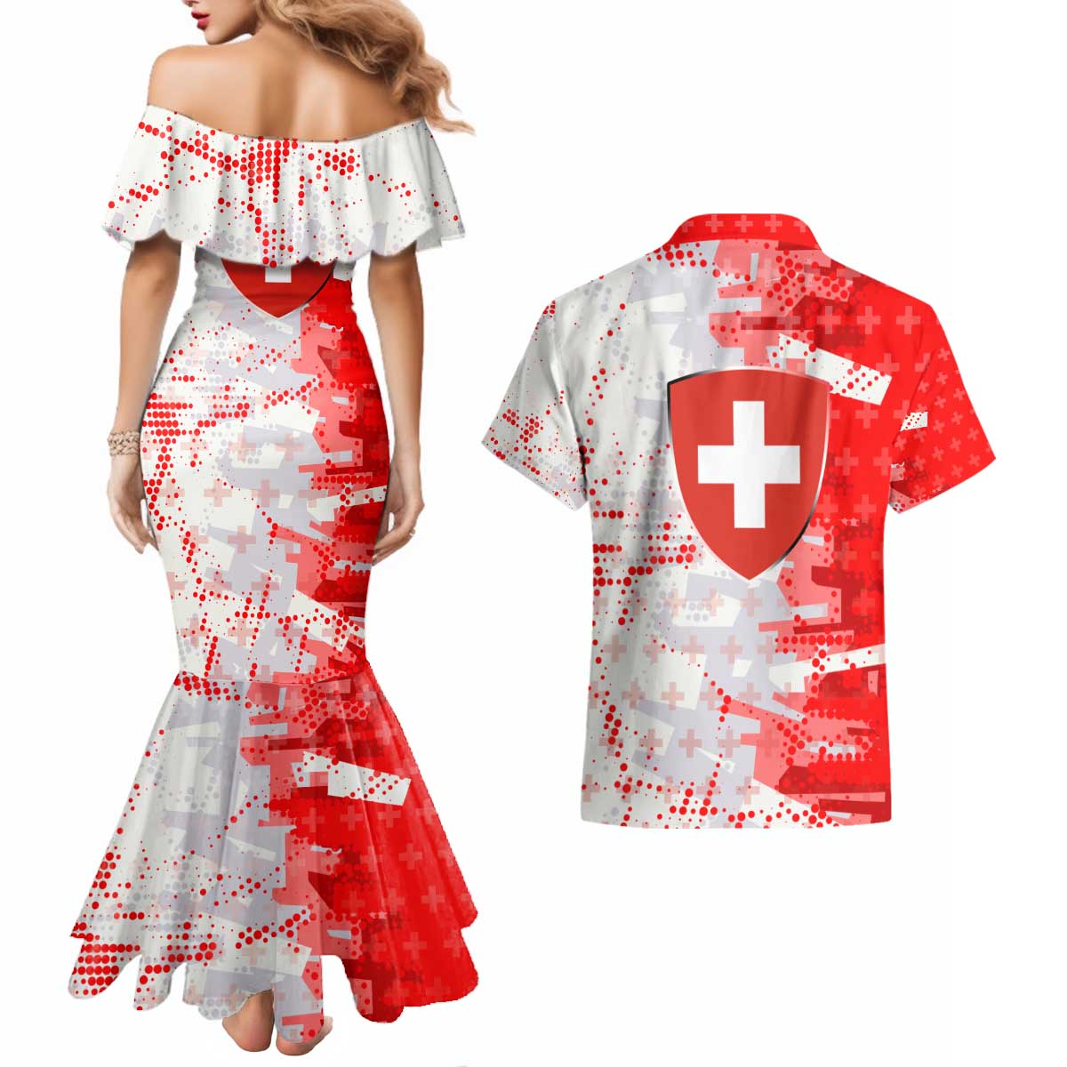 Switzerland Flag Couples Matching Mermaid Dress and Hawaiian Shirt with Camo Red White Sportswear with Swiss Cross Shield - Wonder Print Shop