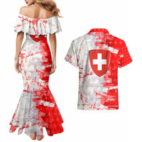 Switzerland Flag Couples Matching Mermaid Dress and Hawaiian Shirt with Camo Red White Sportswear with Swiss Cross Shield - Wonder Print Shop
