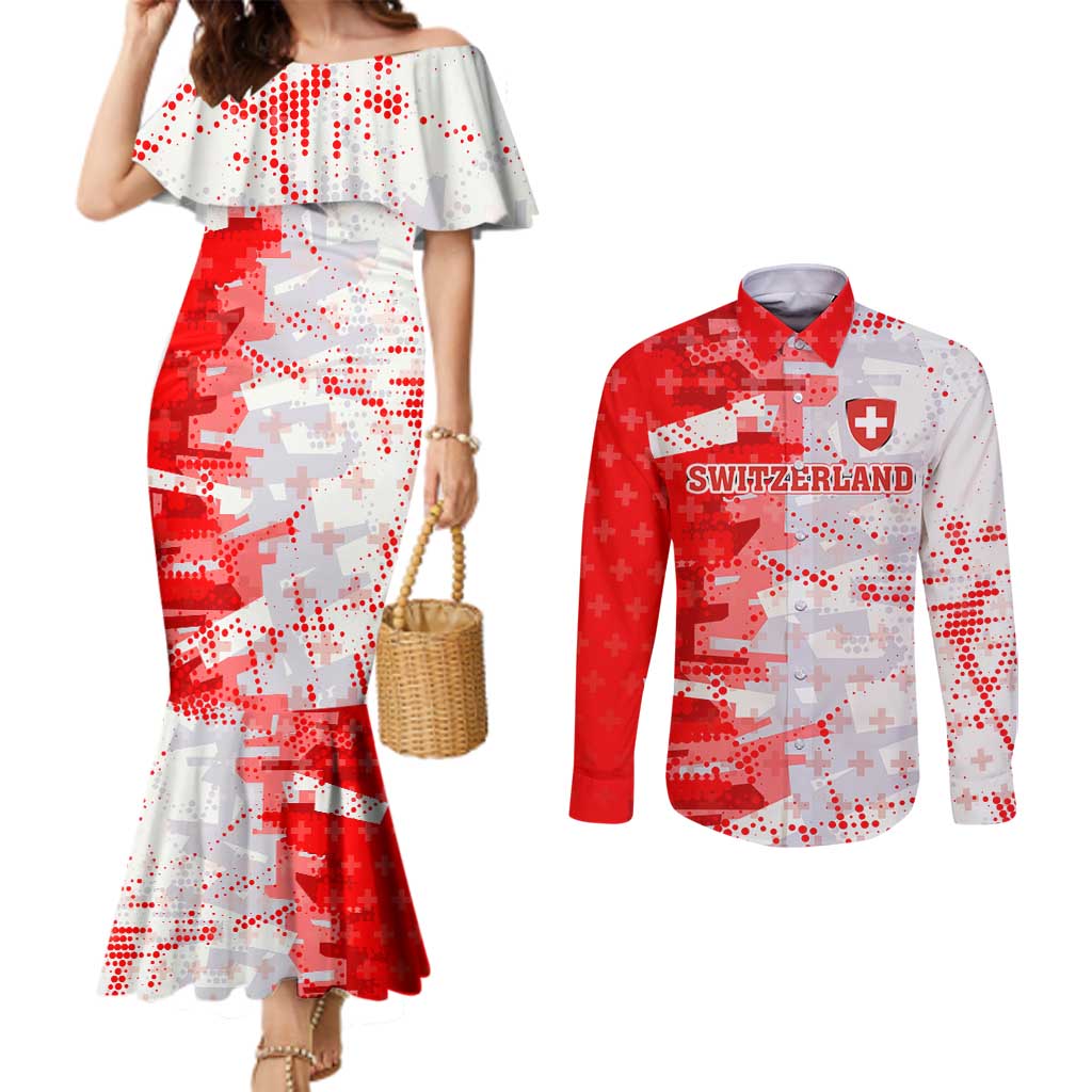 Switzerland Flag Couples Matching Mermaid Dress and Long Sleeve Button Shirt with Camo Red White Sportswear with Swiss Cross Shield - Wonder Print Shop