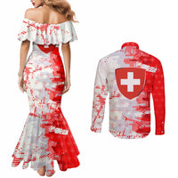 Switzerland Flag Couples Matching Mermaid Dress and Long Sleeve Button Shirt with Camo Red White Sportswear with Swiss Cross Shield - Wonder Print Shop