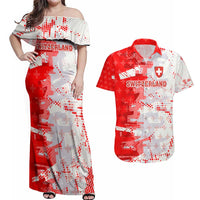 Switzerland Flag Couples Matching Off Shoulder Maxi Dress and Hawaiian Shirt with Camo Red White Sportswear with Swiss Cross Shield - Wonder Print Shop