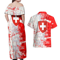 Switzerland Flag Couples Matching Off Shoulder Maxi Dress and Hawaiian Shirt with Camo Red White Sportswear with Swiss Cross Shield - Wonder Print Shop