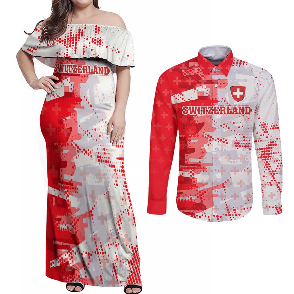 Switzerland Flag Couples Matching Off Shoulder Maxi Dress and Long Sleeve Button Shirt with Camo Red White Sportswear with Swiss Cross Shield - Wonder Print Shop
