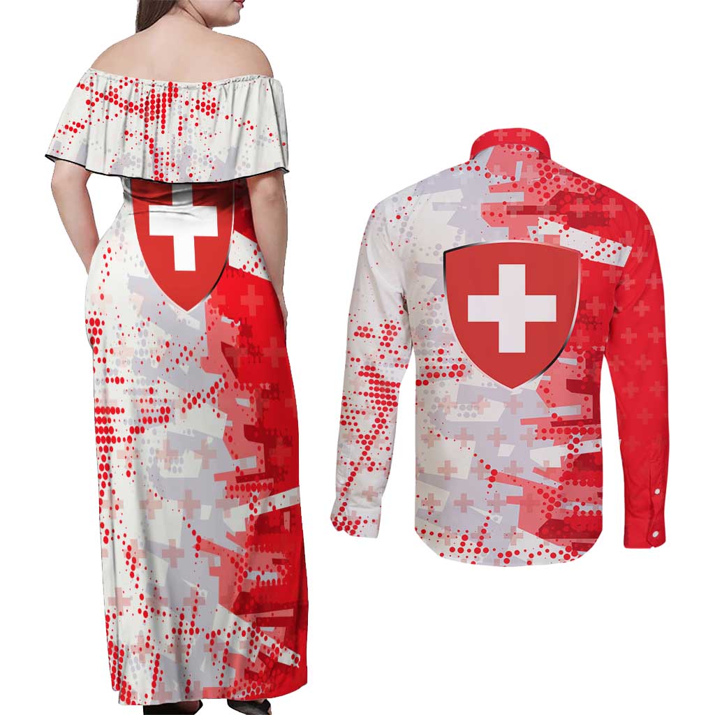Switzerland Flag Couples Matching Off Shoulder Maxi Dress and Long Sleeve Button Shirt with Camo Red White Sportswear with Swiss Cross Shield - Wonder Print Shop