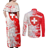 Switzerland Flag Couples Matching Off Shoulder Maxi Dress and Long Sleeve Button Shirt with Camo Red White Sportswear with Swiss Cross Shield - Wonder Print Shop