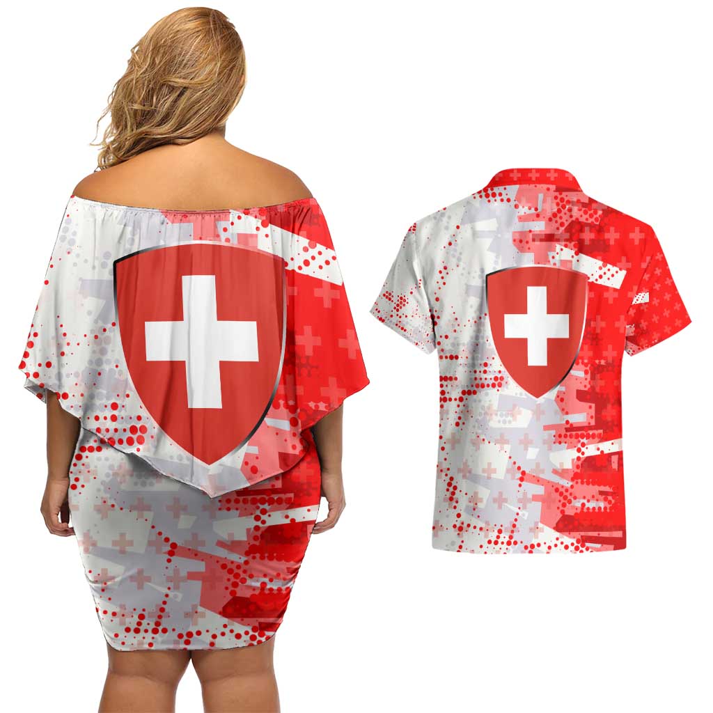 Switzerland Flag Couples Matching Off Shoulder Short Dress and Hawaiian Shirt with Camo Red White Sportswear with Swiss Cross Shield - Wonder Print Shop