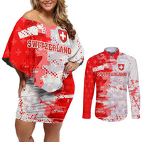 Switzerland Flag Couples Matching Off Shoulder Short Dress and Long Sleeve Button Shirt with Camo Red White Sportswear with Swiss Cross Shield - Wonder Print Shop