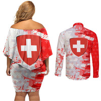Switzerland Flag Couples Matching Off Shoulder Short Dress and Long Sleeve Button Shirt with Camo Red White Sportswear with Swiss Cross Shield - Wonder Print Shop