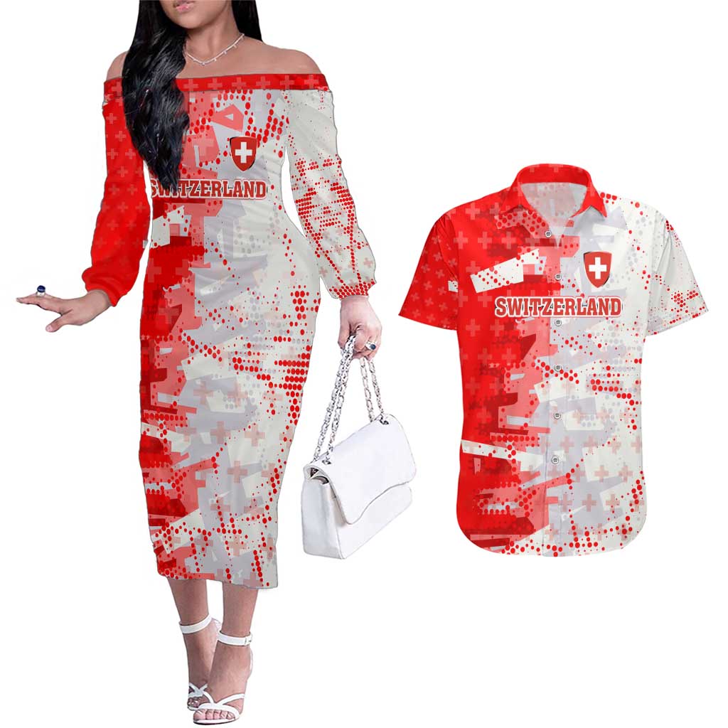 Switzerland Flag Couples Matching Off The Shoulder Long Sleeve Dress and Hawaiian Shirt with Camo Red White Sportswear with Swiss Cross Shield - Wonder Print Shop