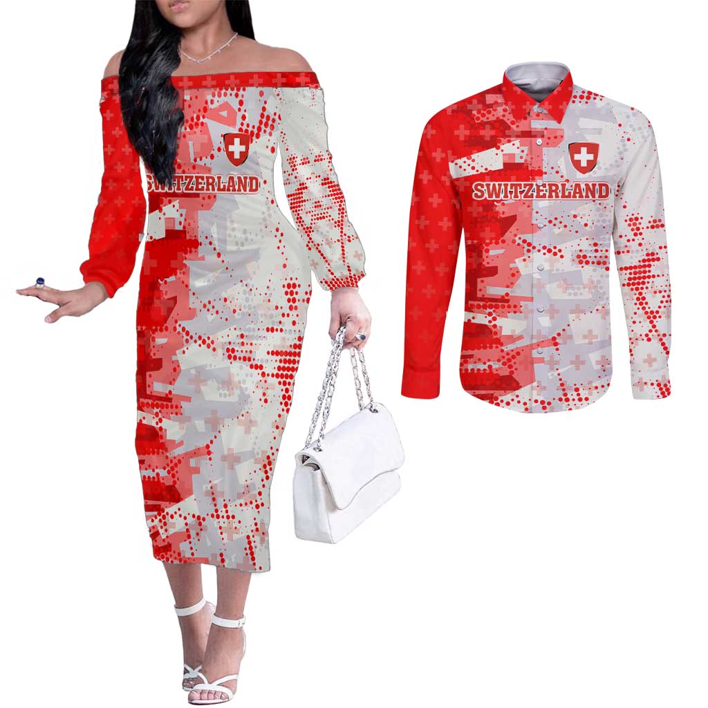 Switzerland Flag Couples Matching Off The Shoulder Long Sleeve Dress and Long Sleeve Button Shirt with Camo Red White Sportswear with Swiss Cross Shield - Wonder Print Shop