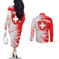 Switzerland Flag Couples Matching Off The Shoulder Long Sleeve Dress and Long Sleeve Button Shirt with Camo Red White Sportswear with Swiss Cross Shield - Wonder Print Shop
