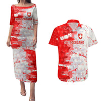 Switzerland Flag Couples Matching Puletasi and Hawaiian Shirt with Camo Red White Sportswear with Swiss Cross Shield - Wonder Print Shop