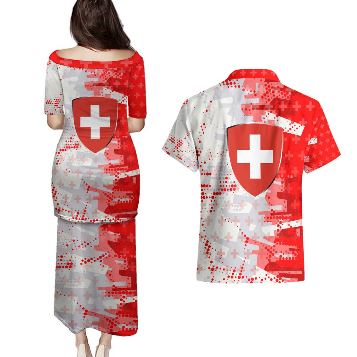 Switzerland Flag Couples Matching Puletasi and Hawaiian Shirt with Camo Red White Sportswear with Swiss Cross Shield - Wonder Print Shop