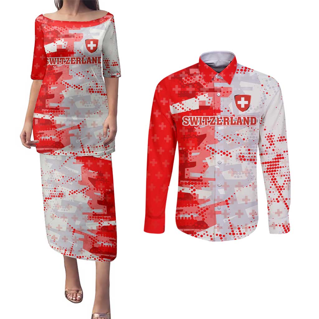 Switzerland Flag Couples Matching Puletasi and Long Sleeve Button Shirt with Camo Red White Sportswear with Swiss Cross Shield - Wonder Print Shop
