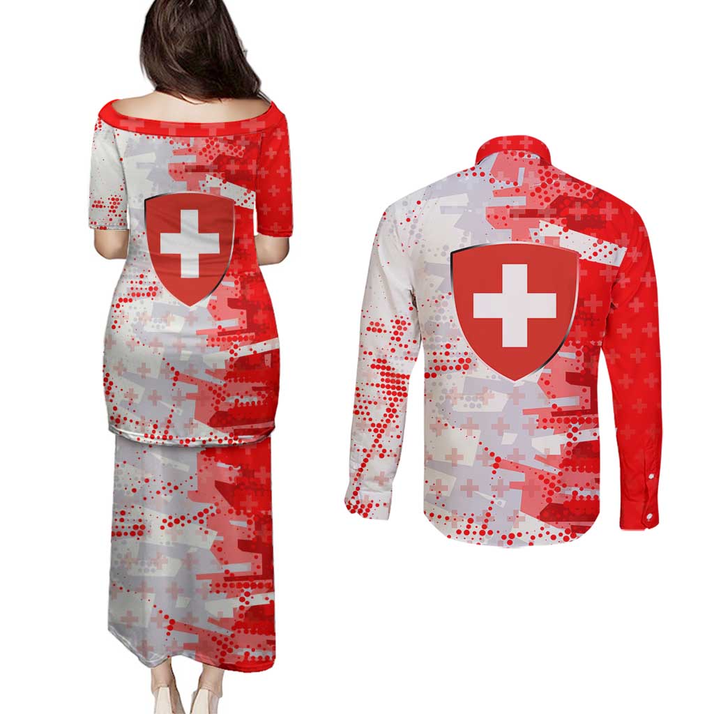 Switzerland Flag Couples Matching Puletasi and Long Sleeve Button Shirt with Camo Red White Sportswear with Swiss Cross Shield - Wonder Print Shop